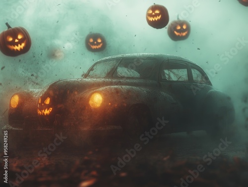 Fiery Spooky Race: Surreal Jack-o'-Lantern Car photo