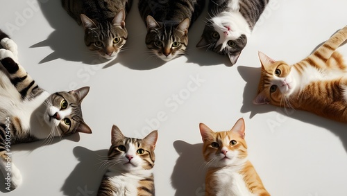 A group of six cats, of various colors and patterns, are lying on their backs in a circle on a white surface. They are all looking up at the camera with curious expressions.