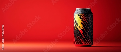 Modern energy drink can with vibrant red and black design against a red background, exemplifying dynamic and refreshing beverage packaging.