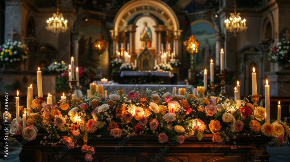 A church with a large altar and many candles A church with a large altar and many candles