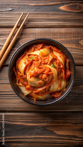 Spicy Korean Kimchi: Traditional Fermented Delight with Fresh Cabbage and Red Chili on Wooden Surface