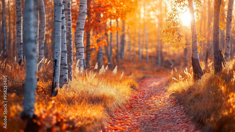 Autumn forest pathway with falling golden leaves and sunlight filtering through trees. Tranquil and serene nature scene. Autumn forest pathway with falling golden leaves and sunlight filtering through trees. Tranquil and serene nature scene.