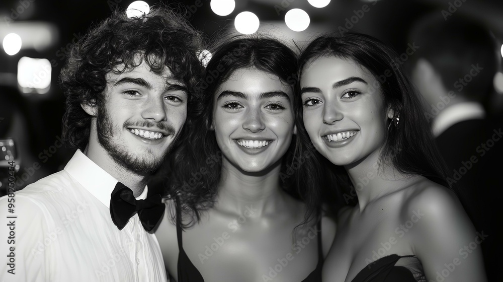 Obraz premium a group of people standing next to each other at a party with lights in the background