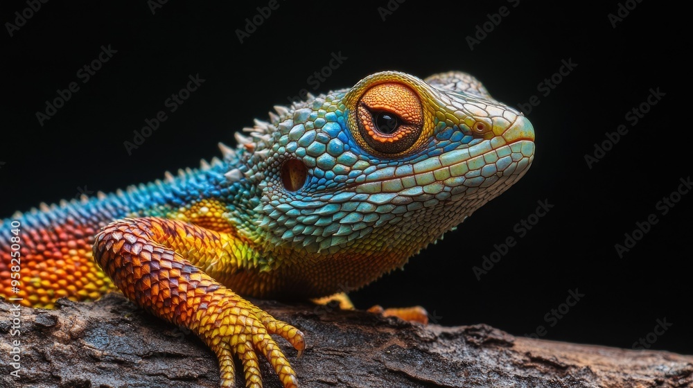 Obraz premium A Common Green forest lizard shedding its skin, revealing a fresh layer of vibrant, gradient-colored scales.