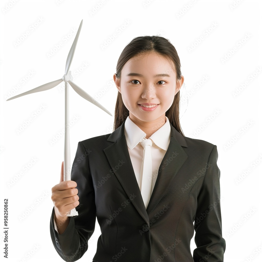 A young Chinese businesswoman proudly holds a windmill, symbolizing her commitment to renewable energy 