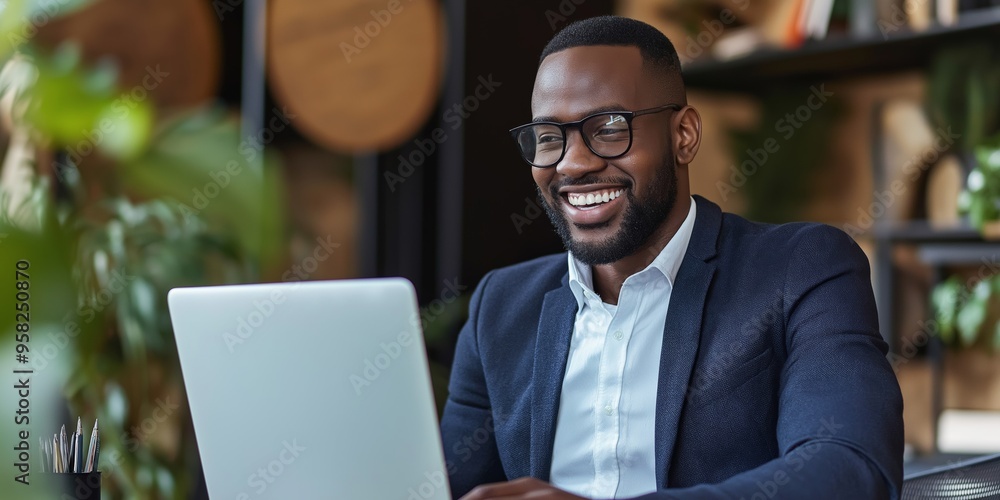 A man wearing a suit and glasses is smiling while using a laptop. He is happy and content