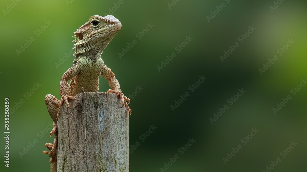 A Common Green forest lizard stretching its limbs on a wooden pole, showcasing its flexibility and agility. A Common Green forest lizard stretching its limbs on a wooden pole, showcasing its flexibility and agility.