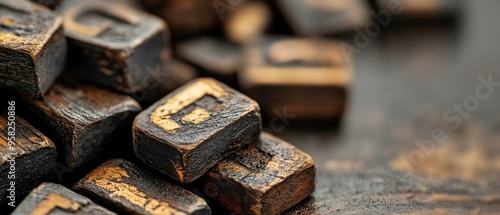 Close-up of Vintage Wooden Letterpress Blocks with Focus on Letter 'E' in Rustic Setting