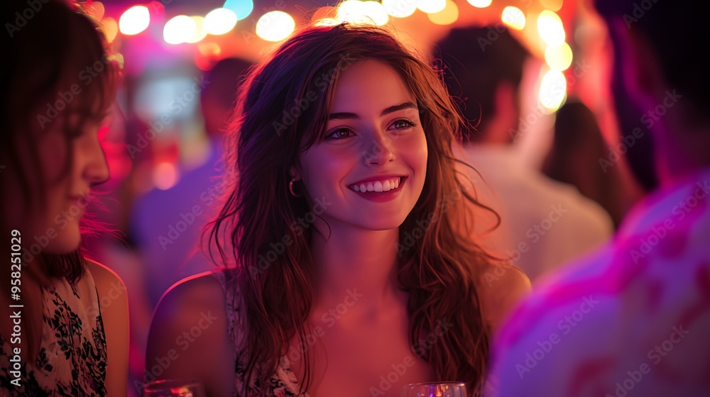 a woman smiling at a party with other people around her a woman smiling at a party with other people around her
