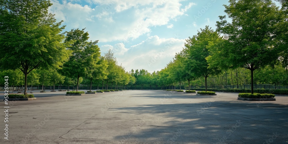 A large empty parking lot with trees in the background. The trees are green and the sky is blue A large empty parking lot with trees in the background. The trees are green and the sky is blue