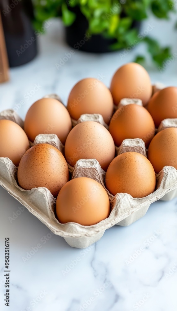 Fresh Brown Eggs in a Carton, Arranged Neatly on a White Marble Countertop, Healthy Food Concept Fresh Brown Eggs in a Carton, Arranged Neatly on a White Marble Countertop, Healthy Food Concept