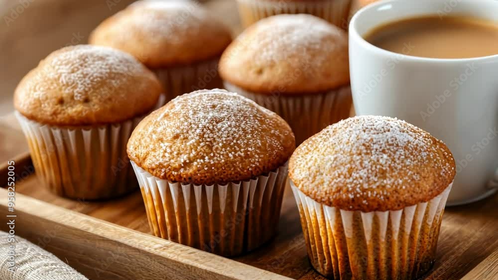 Freshly baked muffins with powdered sugar and a cup of coffee on a wooden tray, ideal for cozy mornings and autumn holidays like Thanksgiving Freshly baked muffins with powdered sugar and a cup of coffee on a wooden tray, ideal for cozy mornings and autumn holidays like Thanksgiving