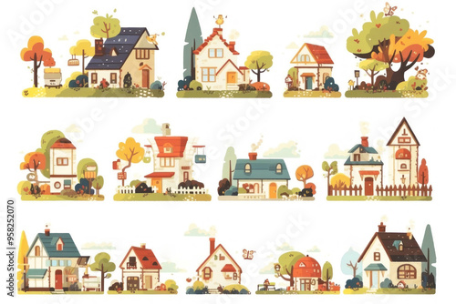 Whimsical hand-drawn village with cozy homes and lush greenery