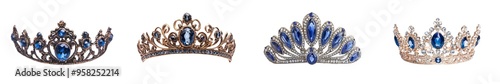 Concept of beauty pageant winner, bride accessory in a wedding, and royal crown for a queen with tiara covered in diamonds and blue sapphires isolated on white