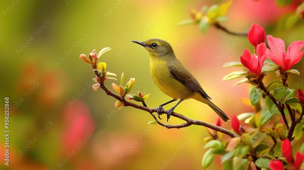 A Green-tailed sunbird perched on a branch of an azalea Phohodendron tree, its eyes focused intently on something in the distance.