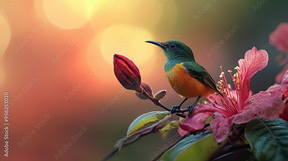Fototapeta premium A Green-tailed sunbird perched on a fallen azalea Phohodendron flower, its small form dwarfed by the larger bloom.