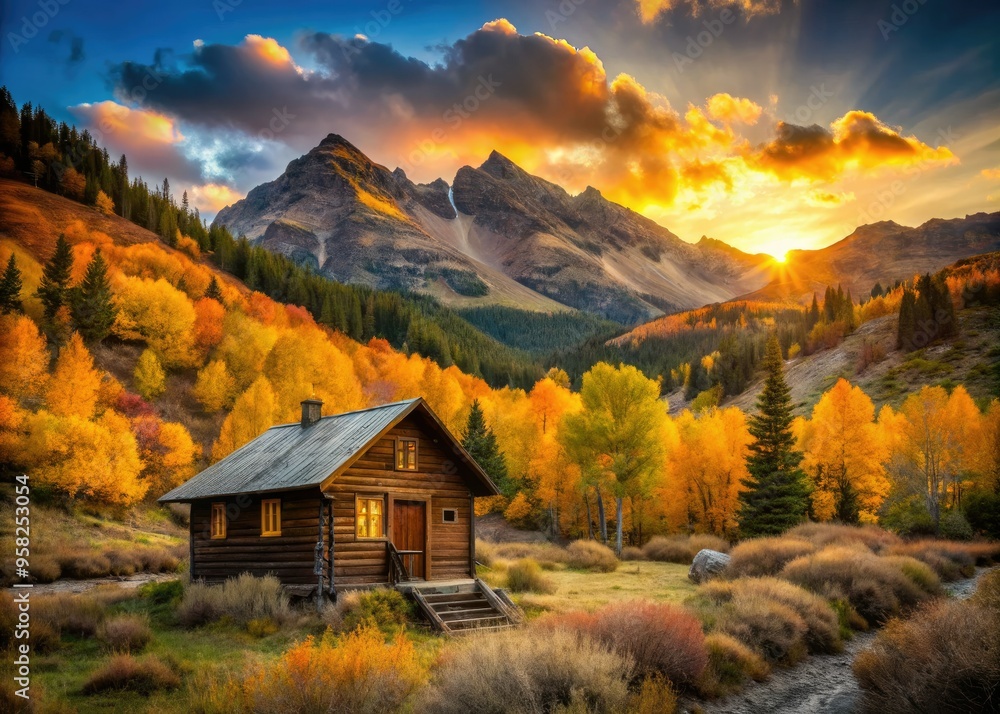 rugged mountainous landscape ablaze with fiery oranges and yellows of fall surrounds secluded wooden cabin peaceful morning atmosphere warm golden light rugged mountainous landscape ablaze with fiery oranges and yellows of fall surrounds secluded wooden cabin peaceful morning atmosphere warm golden light