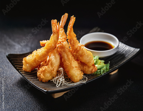 Deep-fried tempura shrimp served on a square plate with side dishes and delicious dipping sauce. photo