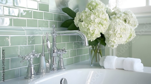 White Hydrangea Bouquet Next to Chrome Bathroom Faucet photo