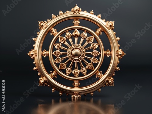 Elegant Golden Dharmachakra Wheel with Symmetrical Design and Ornate Detailing

 photo