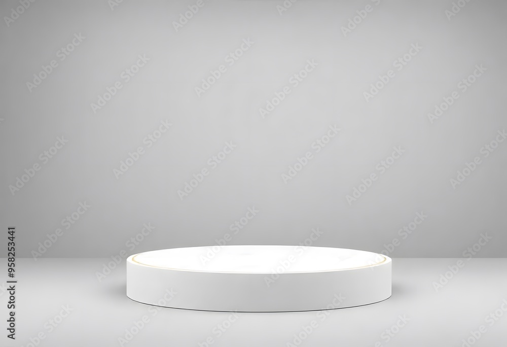 A white round pedestal with a gold trim, placed on a plain white background A white round pedestal with a gold trim, placed on a plain white background