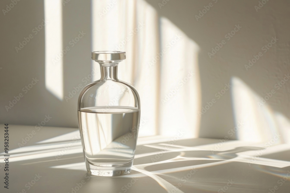 Elegant glass bottle with water casting soft shadows in filtered sunlight Elegant glass bottle with water casting soft shadows in filtered sunlight