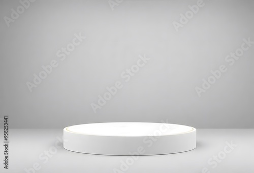 A white round pedestal with a gold trim, placed on a plain white background