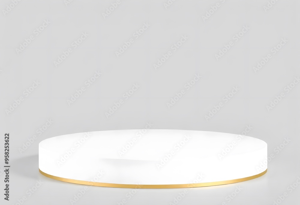 A white round pedestal with a gold trim, placed on a plain white background A white round pedestal with a gold trim, placed on a plain white background