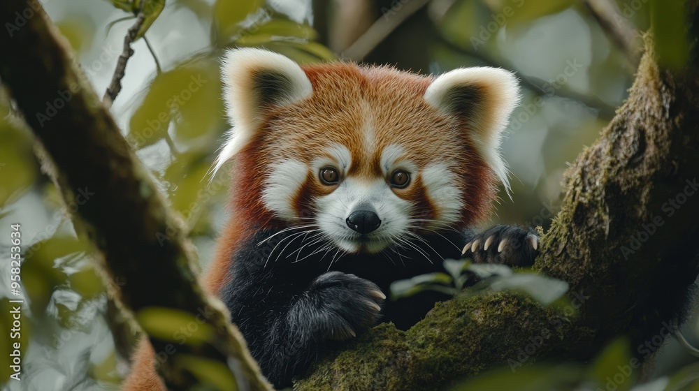 A Himalayan red panda perched on a branch in Darjeeling, its fluffy red fur contrasting against the lush green foliage. A Himalayan red panda perched on a branch in Darjeeling, its fluffy red fur contrasting against the lush green foliage.