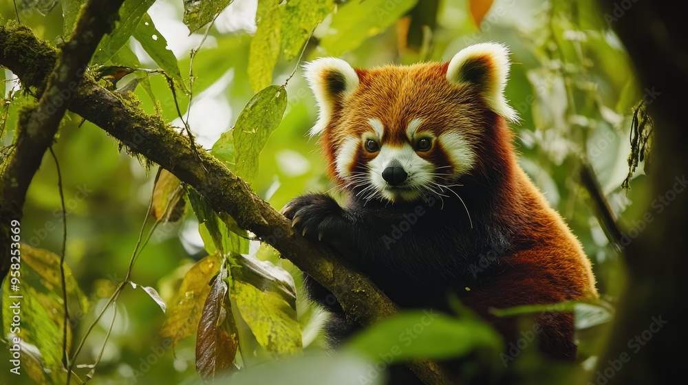 A Himalayan red panda perched on a branch in Darjeeling, its fluffy red fur contrasting against the lush green foliage. A Himalayan red panda perched on a branch in Darjeeling, its fluffy red fur contrasting against the lush green foliage.