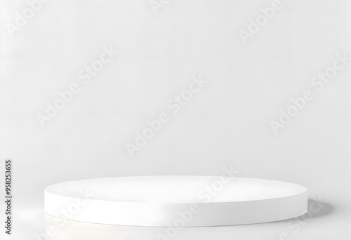 A white round pedestal with a gold trim, placed on a plain white background