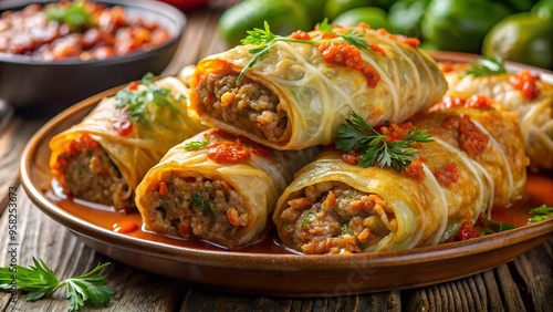 Flavors of Ukraine: Golubtsi, Traditional Stuffed Cabbage Rolls Crafted with Care and Presented with Elegance. Close-Up Photograph Celebrates Gourmet Essence photo