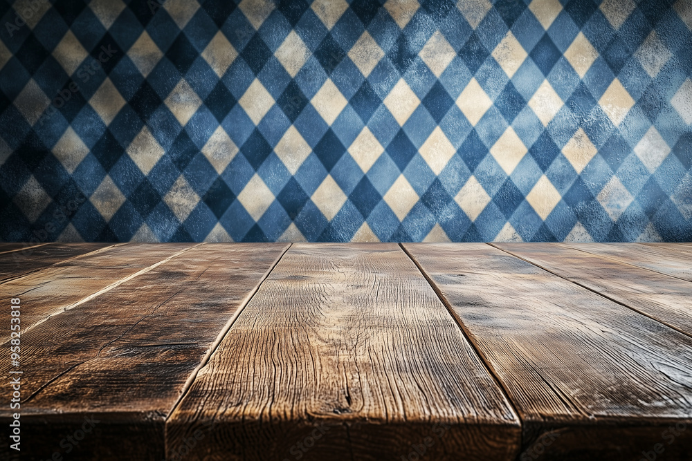 Obraz premium an empty wooden rustic platform for product advertising with blue diamond patten background for the oktoberfest munich