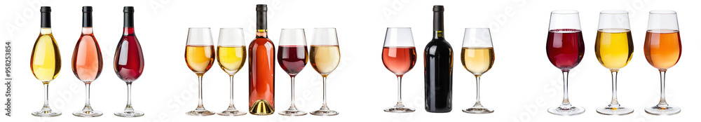 Set of exquisite red, white, and rose wine bottles isolated on white Set of exquisite red, white, and rose wine bottles isolated on white