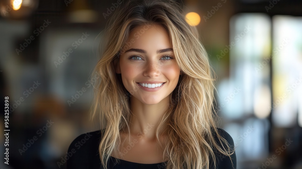 portrait of radiant businesswoman in modern office setting warm lighting genuine smile and contemporary workspace details conveying success and job satisfaction portrait of radiant businesswoman in modern office setting warm lighting genuine smile and contemporary workspace details conveying success and job satisfaction
