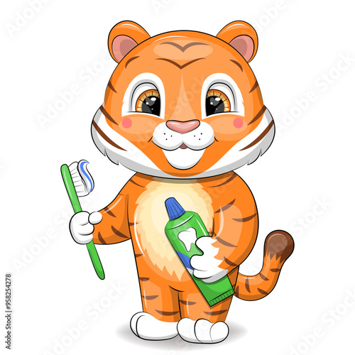 A cute cartoon tiger with toothpaste and a toothbrush is brushing the teeth. Vector illustration of an animal on a white background.
