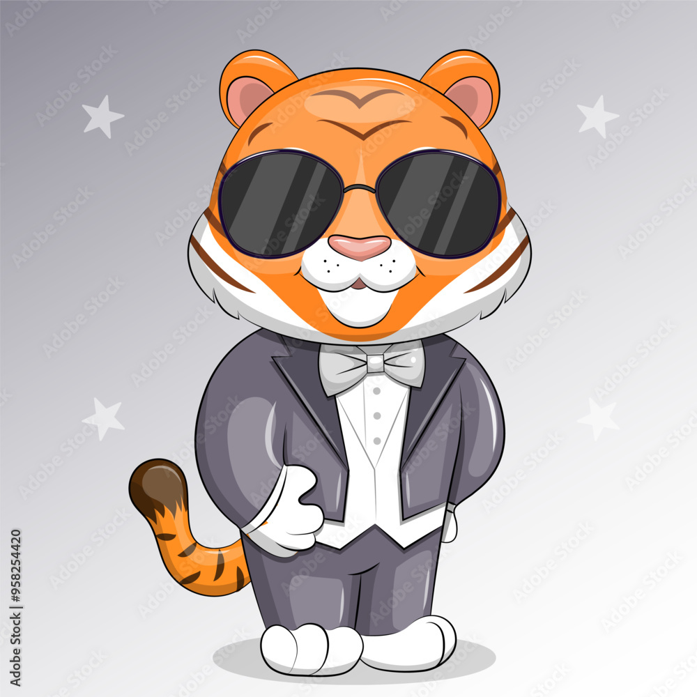 Naklejka premium Cute cartoon tiger in a suit and black glasses. Vector illustration of an animal on a gray background with stars.