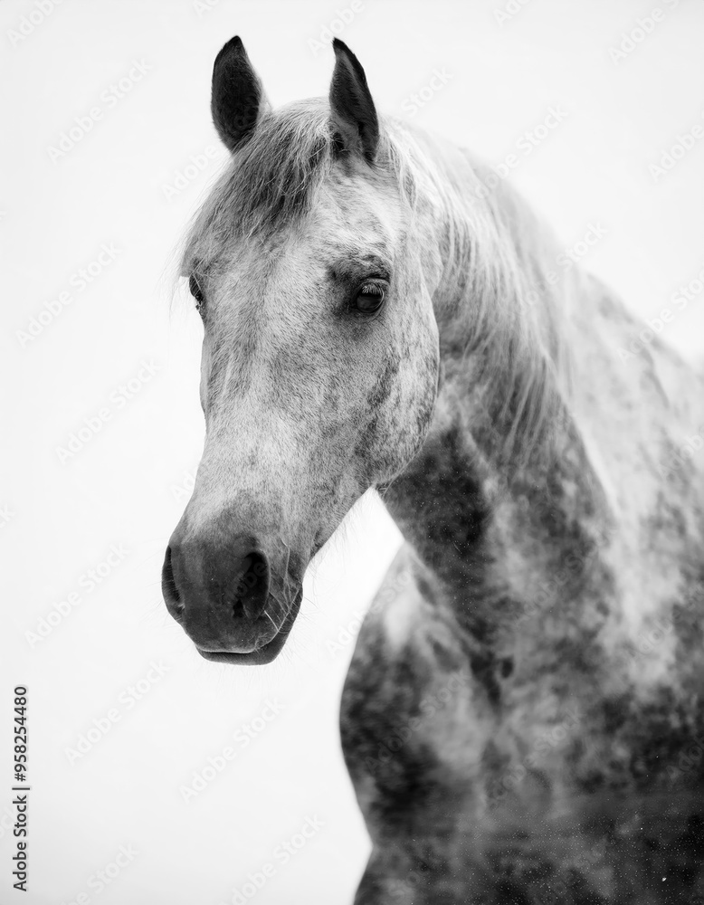 Fototapeta premium Elegant White Speckled Stallion in Black and White: Majestic Horse Portrait on White Background