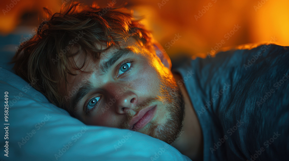 Close-up of a man lying in bed with a thoughtful, introspective expression. Soft evening light highlighting his face as he reflects, feeling emotionally distant.