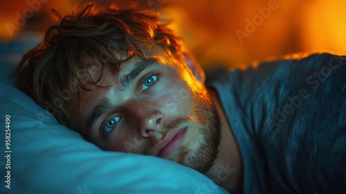 Obraz na płótnie Close-up of a man lying in bed with a thoughtful, introspective expression. Soft evening light highlighting his face as he reflects, feeling emotionally distant. w salonie