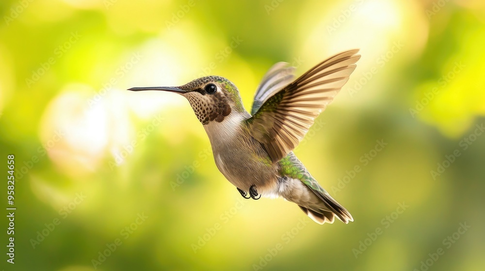 Naklejka premium A hummingbird hovering in mid-air, its wings beating so rapidly that they appear to be a blur.