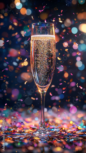 A glass champagne with a festive background photo