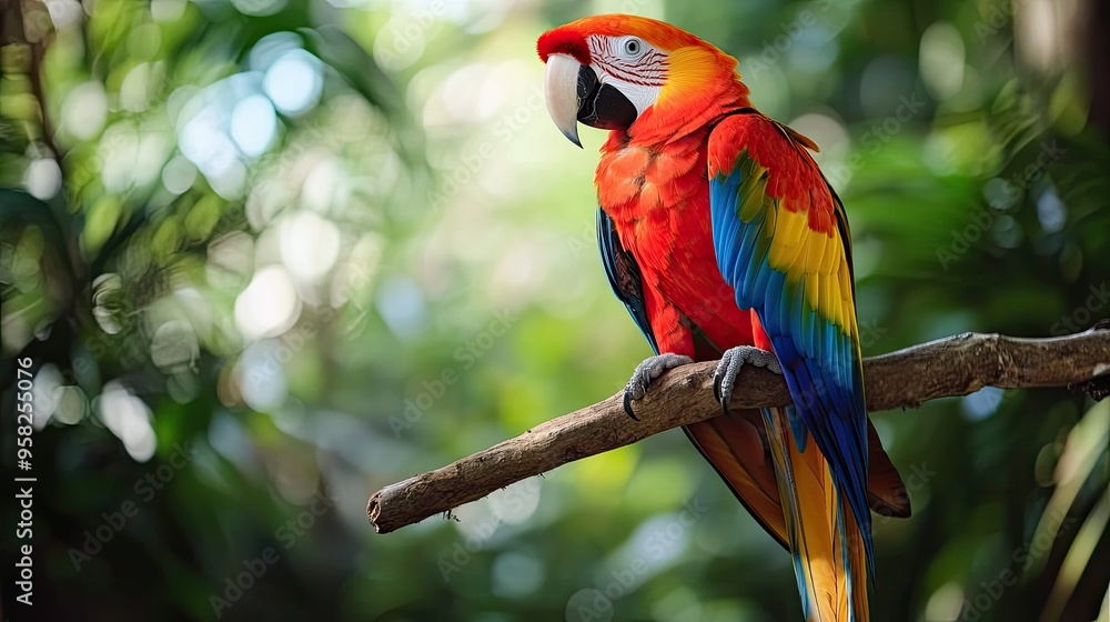 A macaw perched on a branch, its long tail feathers trailing behind it. A macaw perched on a branch, its long tail feathers trailing behind it.