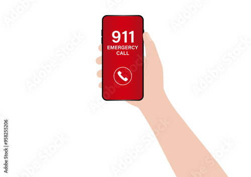 911 Emergency Call. Hand Holding Smartphone with 911 Emergency Call. Vector Illustration. 