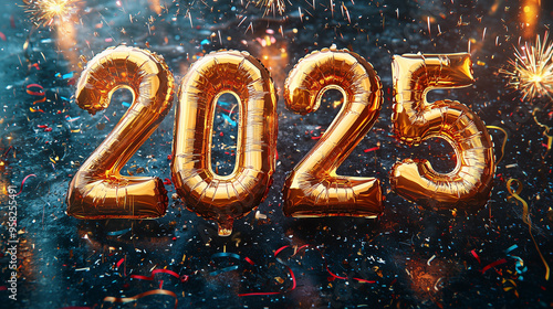 lettering "2025" made out of golden foil balloons for a new year wallpaper