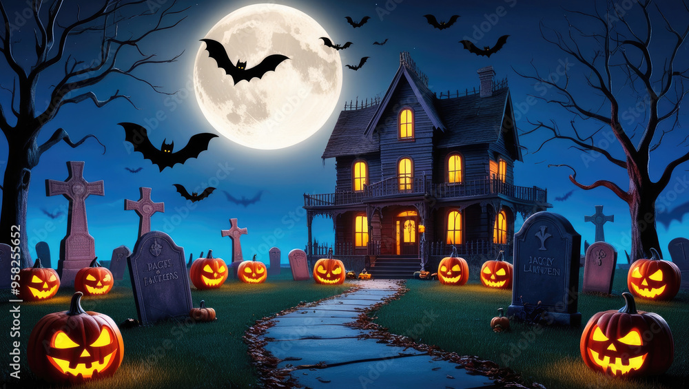 Fototapeta premium Spooky Halloween Night Scene with Glowing Jack-o'-Lanterns in a Dark Forest under a Full Moon, Creating an Eerie and Ominous Atmosphere