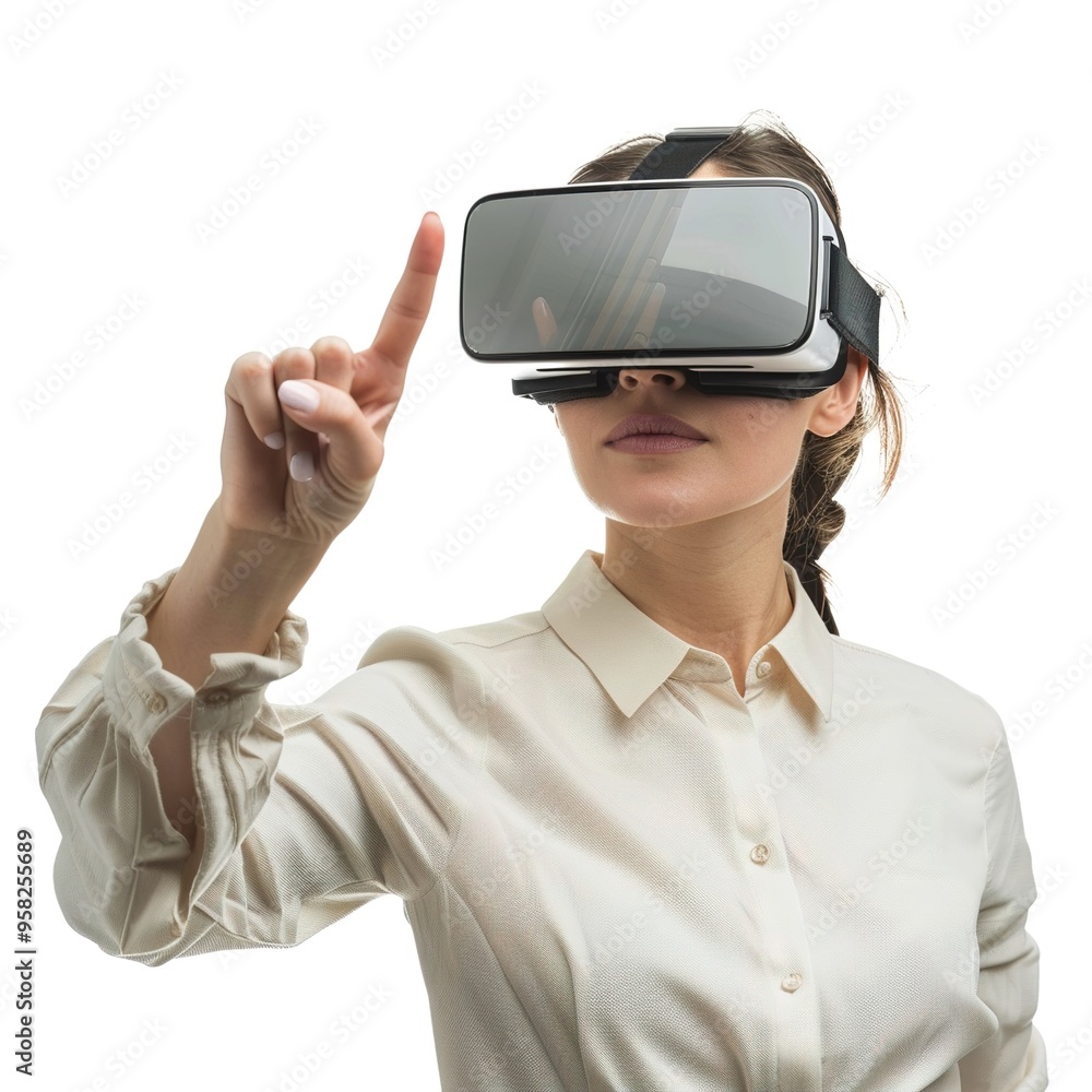 Businesswoman in vr glasses headset finger touch or point at something. Isolated over white Businesswoman in vr glasses headset finger touch or point at something. Isolated over white