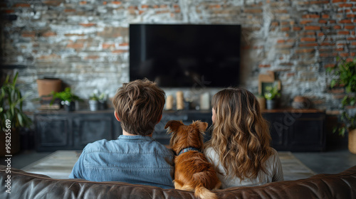 Rearview of a couple sitting on a couch with their dog, watching TV in a modern living room with exposed brick walls, cozy home setting