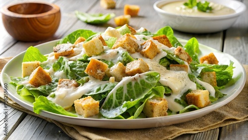 Caesar salad on a white plate suitable for  food blogs, menu designs, culinary presentations showcasing gourmet and healthy eating concepts in restaurant marketing and nutrition-focused content photo