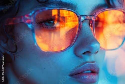 avantgarde portrait of a fashion model wearing kaleidoscopic sunglasses reflecting a vibrant abstract cityscape hair styled into gravitydefying geometric shapes